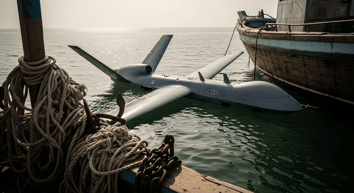 A small military reconnaissance drone floating on calm ocean water near a rocky coastline, viewed from above at dusk, no text or markings visible