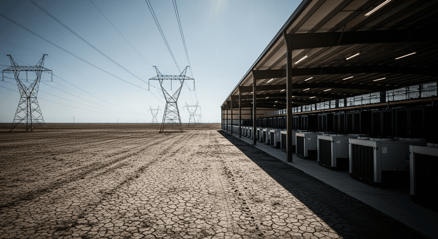 Aerial view of a vast industrial power infrastructure site in rural Texas at dusk, high-voltage transmission lines stretching across flat grassland, construction equipment visible in the