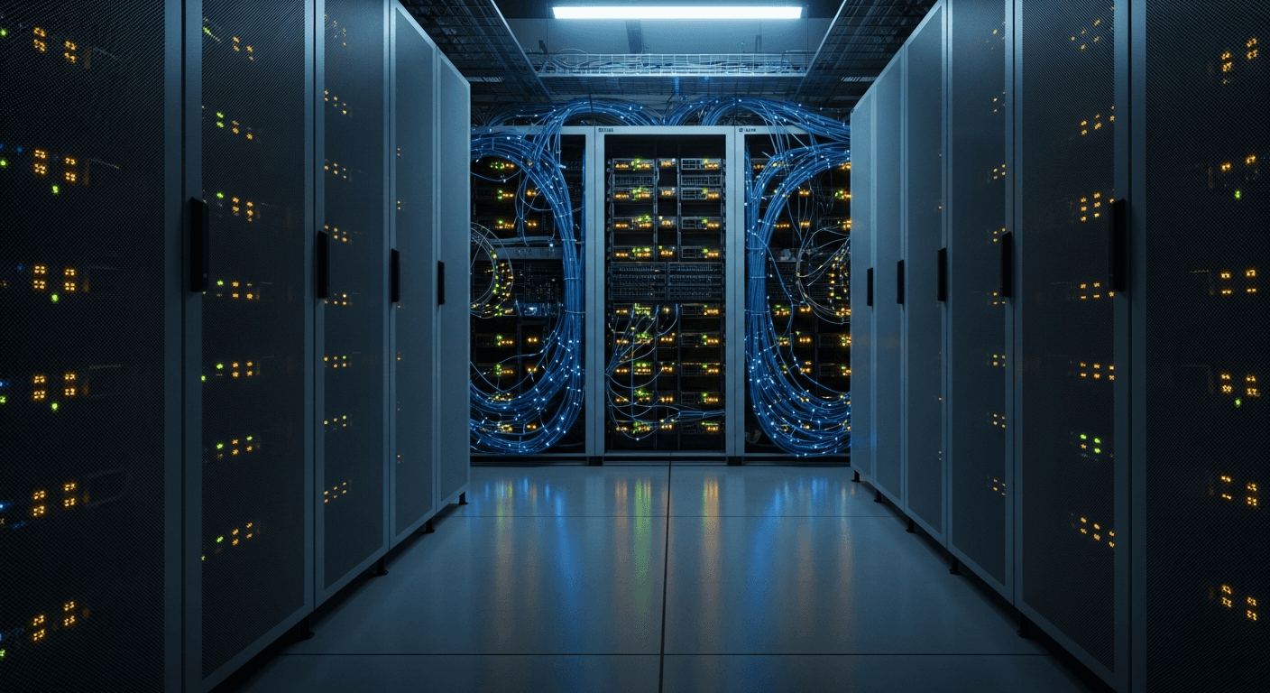 A row of server racks in a dimly lit data center, blue and white indicator lights glowing, with no visible text, logos, or signage
