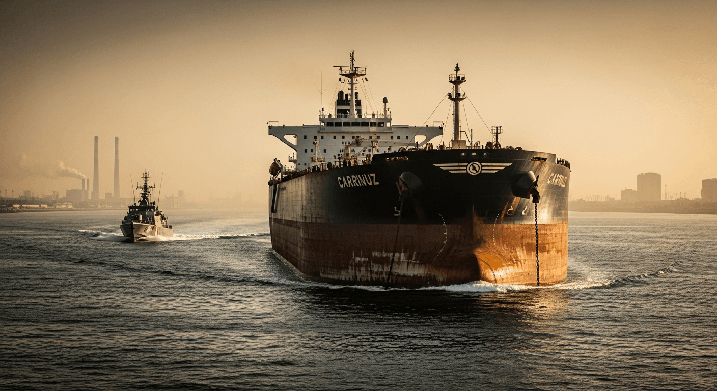 A cargo tanker navigating a narrow sea strait at dusk, with military vessels visible on the horizon and a dramatic sky overhead