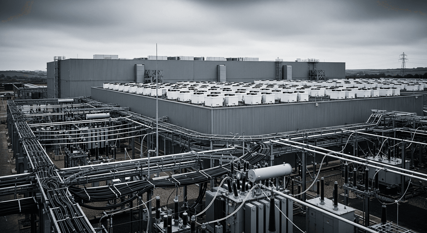 Aerial view of a large industrial power substation surrounded by green fields, high-voltage transmission lines extending to the horizon, overcast sky, no text or signage visible