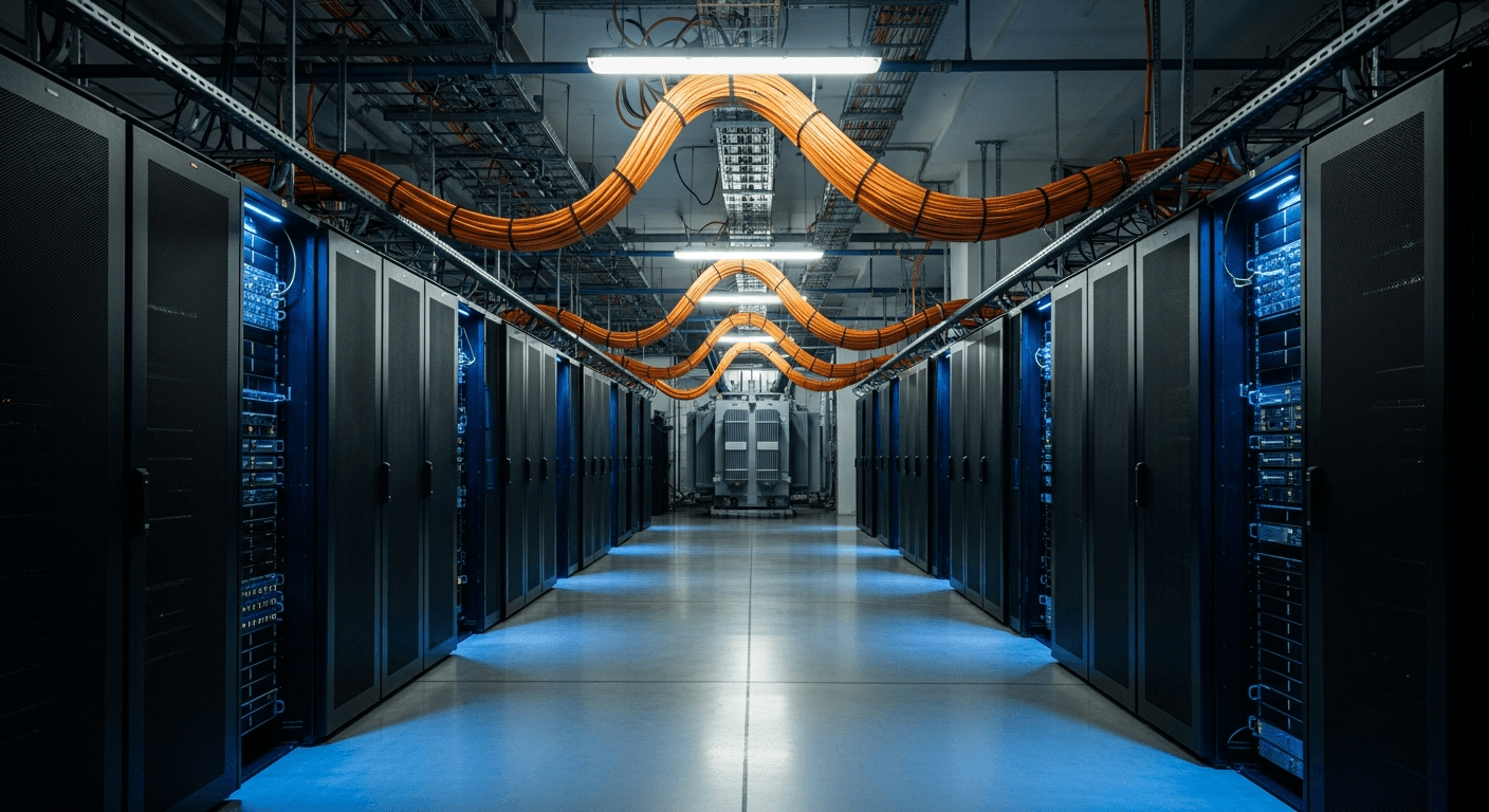 Rows of server racks in a large industrial data center filled with blue and white LED lighting, no visible text, logos, or signage
