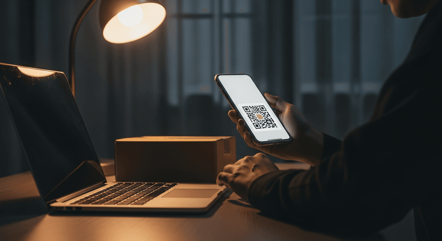 A person at a home desk at night paying for an online order by scanning a payment QR code with their phone, a shipping box beside the laptop.