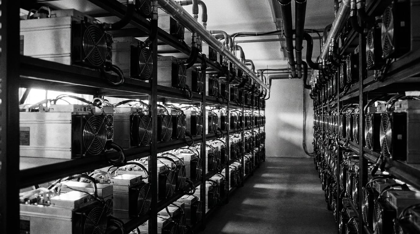 Rows of latest-generation ASIC bitcoin miners with overhead coolant piping in an industrial hosting data center