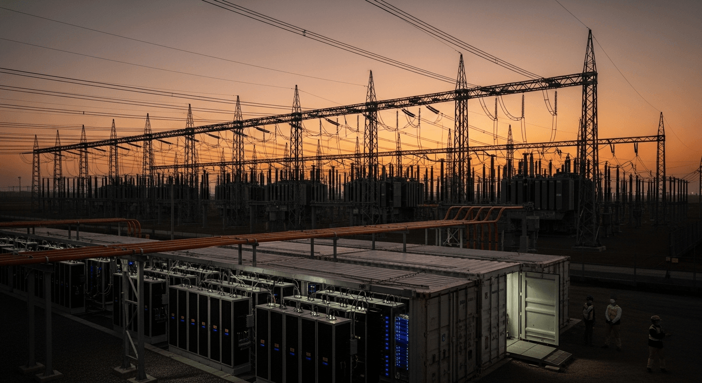 Aerial view of high-voltage transmission towers and power lines crossing a flat landscape at dusk, warm orange sky in the background, no text or signage visible
