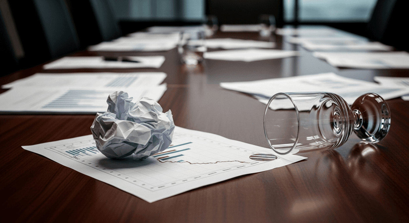 A gavel resting on a polished wooden table inside a formal boardroom, soft natural light from tall windows, no text or signage visible