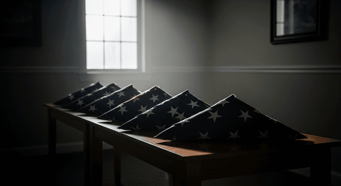 A somber military memorial at dusk with folded flags and rows of empty boots on a stone plaza, no text or insignia visible