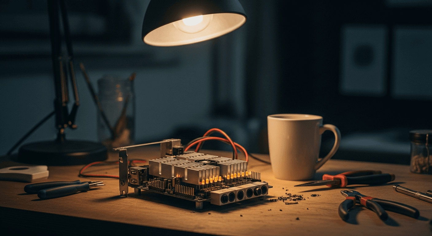 Close-up of a small circuit board mining device glowing with LED indicators, sitting on a wooden desk beside a laptop in a dimly lit home office, warm ambient light