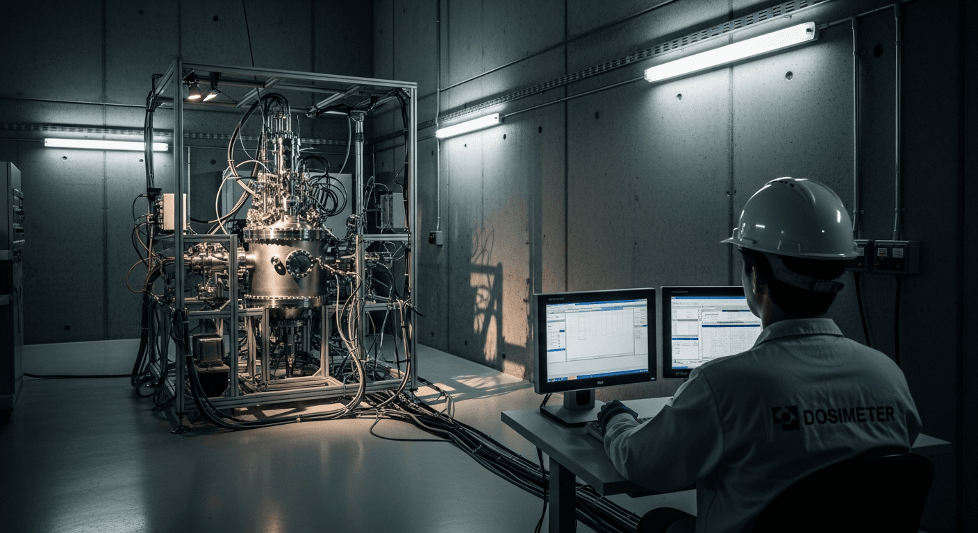 A glowing nuclear reactor core in a modern laboratory facility, blue light emanating from the fuel assembly, scientific equipment surrounding the reactor vessel, no text or signage visible