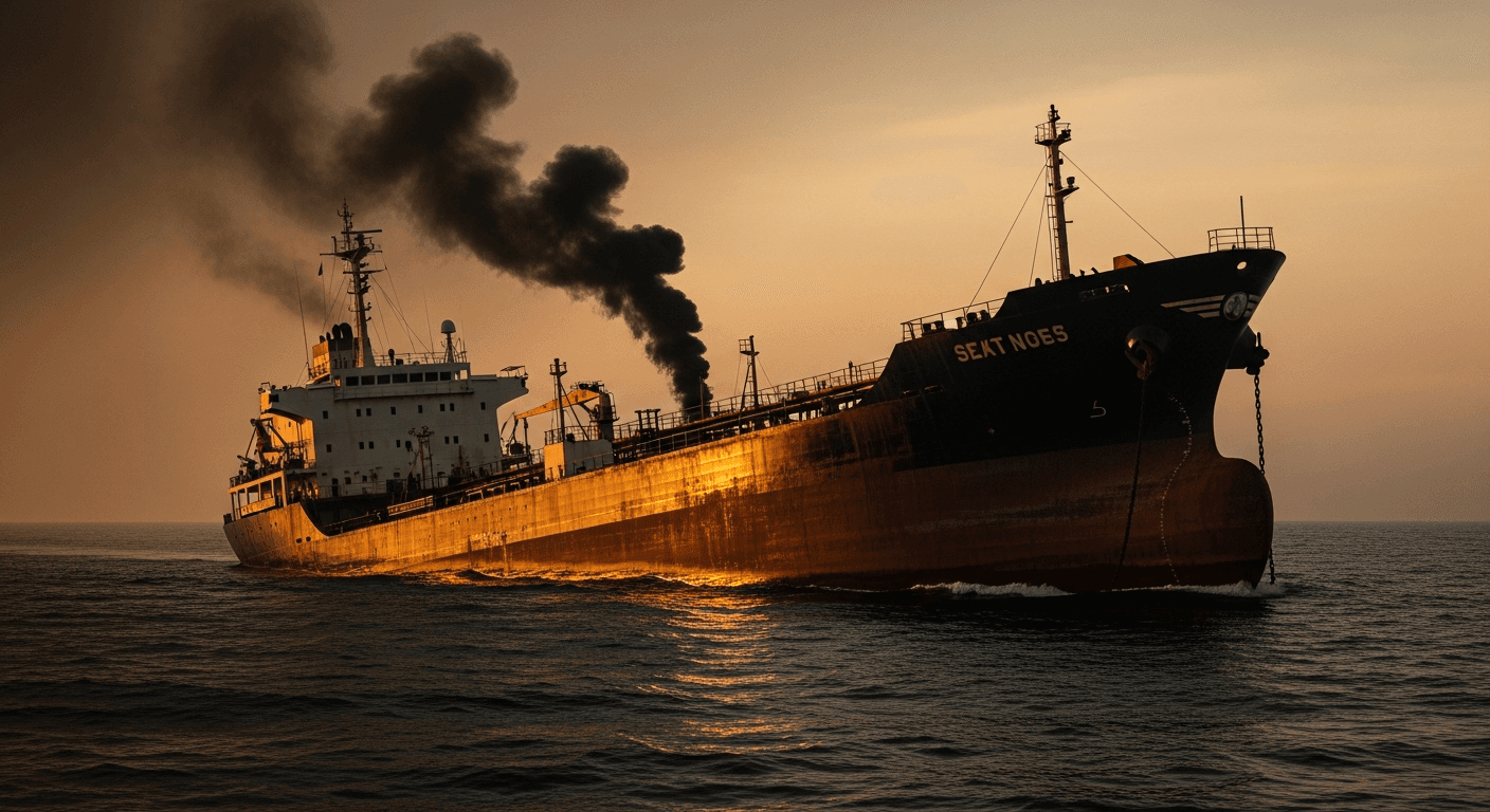 Aerial view of dark ocean waters at night with orange fire reflections on the surface, industrial vessels silhouetted against smoke and flame, no text or logos