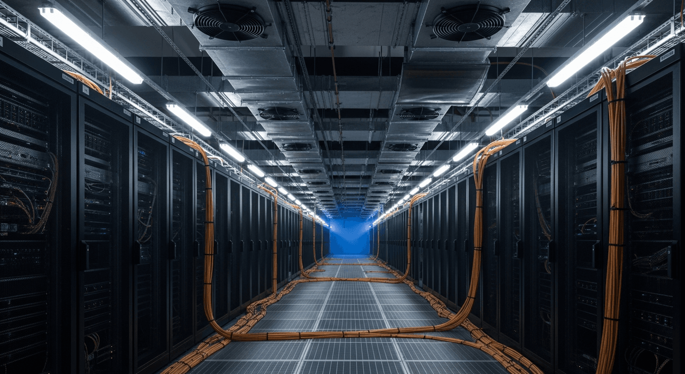 Rows of server racks inside a large industrial data center facility, lit in cool blue and white light, with cable management visible overhead and no visible text or signage