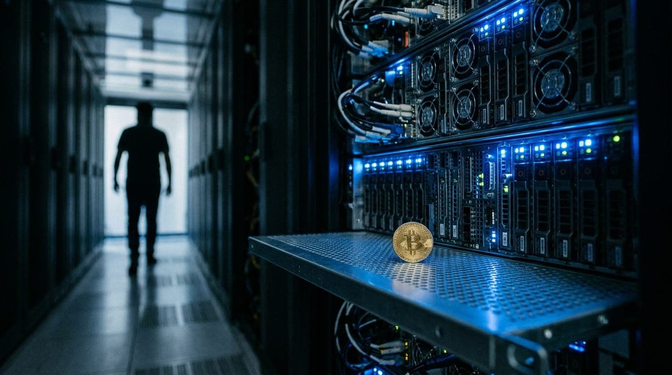 A rack of humming server blades bathed in cold blue LED light fills a sterile data center corridor, with a single gold coin resting on the metal shelf in front of the blinking hardware, the