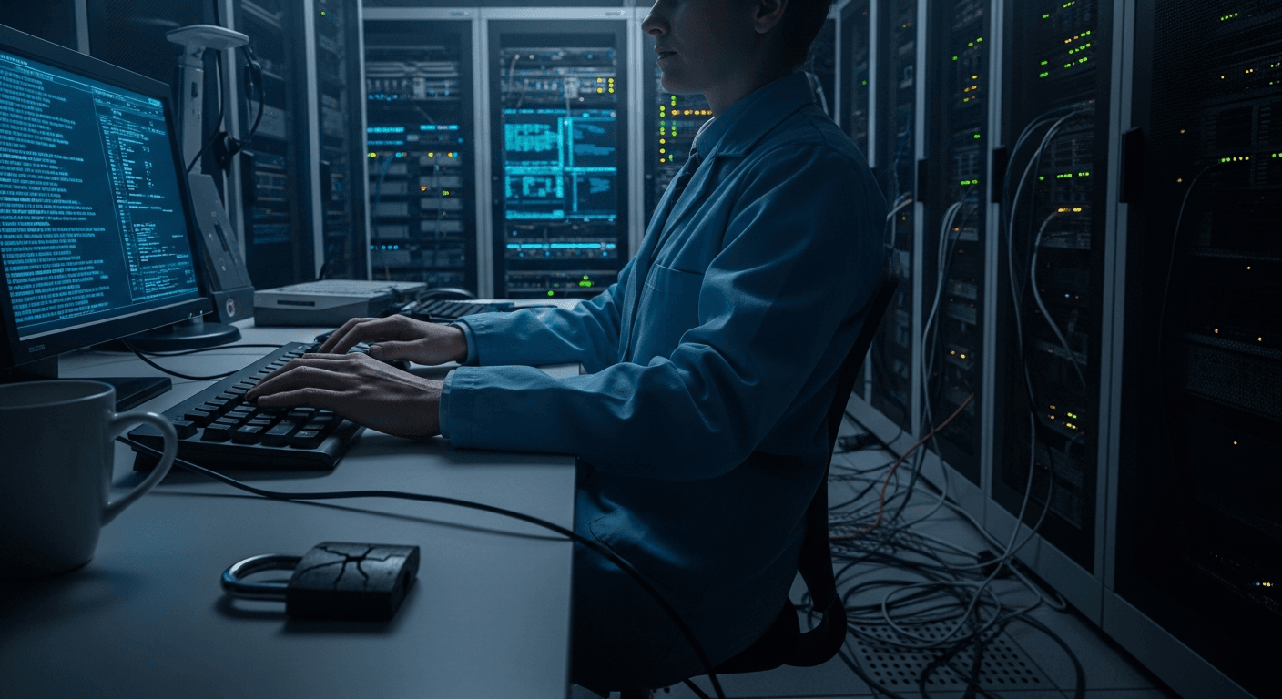 A researcher's hands rest on a mechanical keyboard in a dim server room, the glow of a terminal screen casting cold blue light across rows of blinking rack-mounted servers, a tangle of