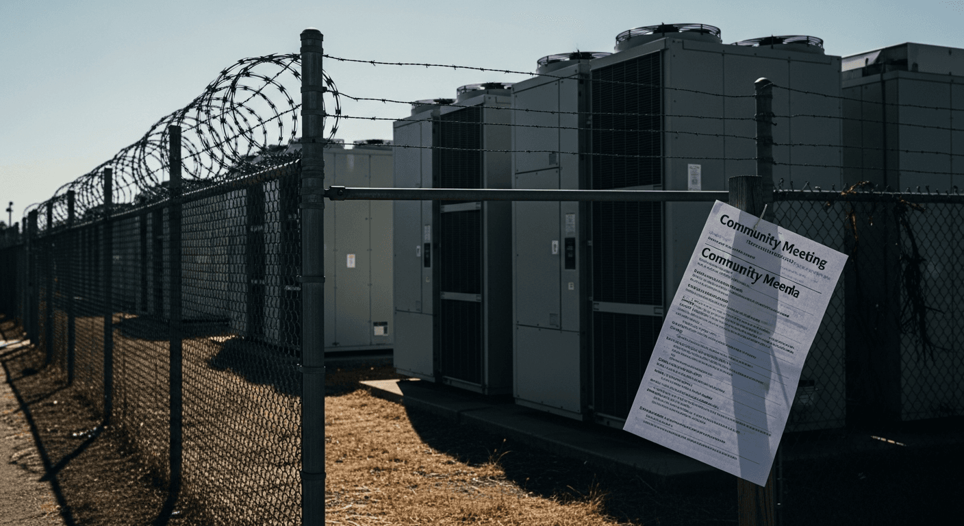 A rows of identical gray server cooling units loom behind a chain-link fence topped with razor wire at the edge of a sun-baked industrial lot, while in the foreground a crumpled community