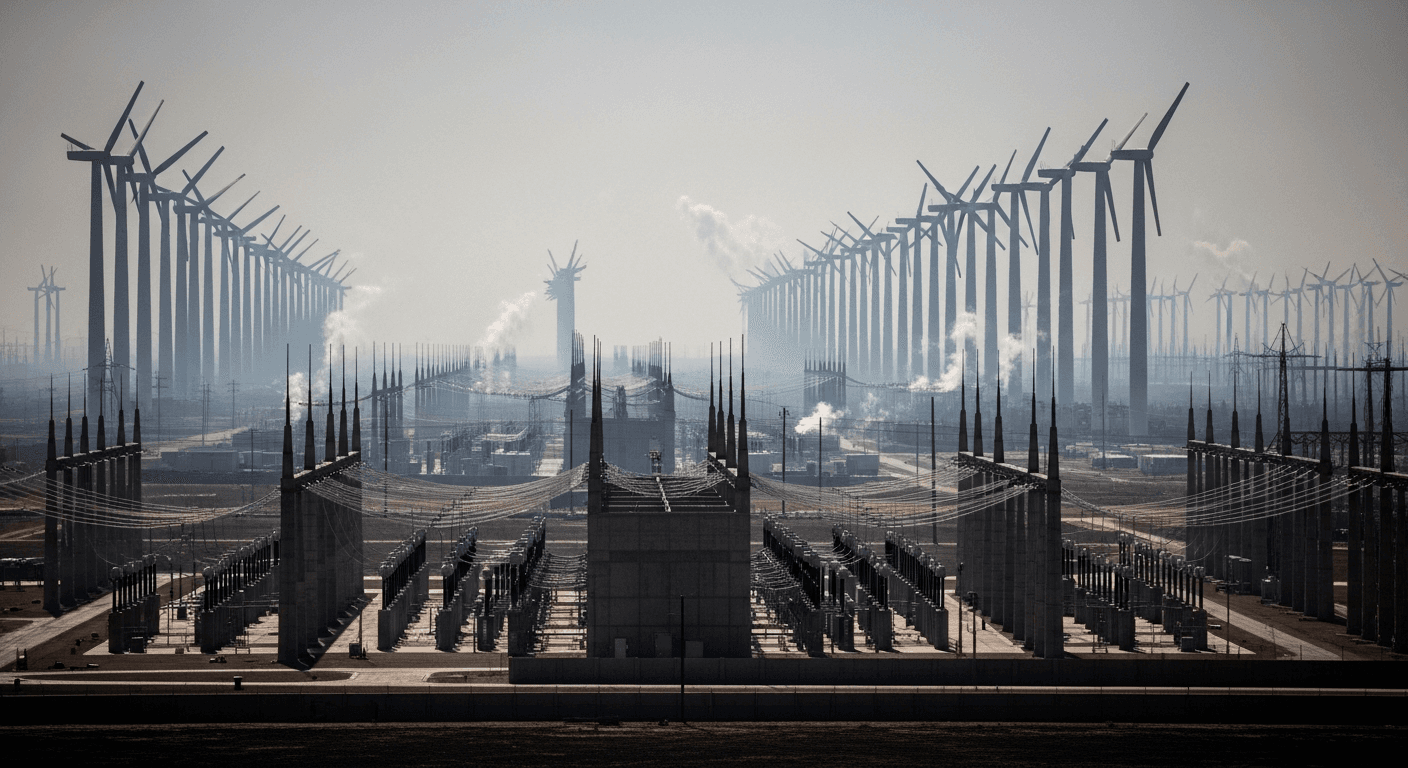 A forest of massive industrial gas turbines stretches toward a hazy Texas horizon under a bleached afternoon sky, their exhaust stacks venting pale plumes of heat shimmer into the smoggy air