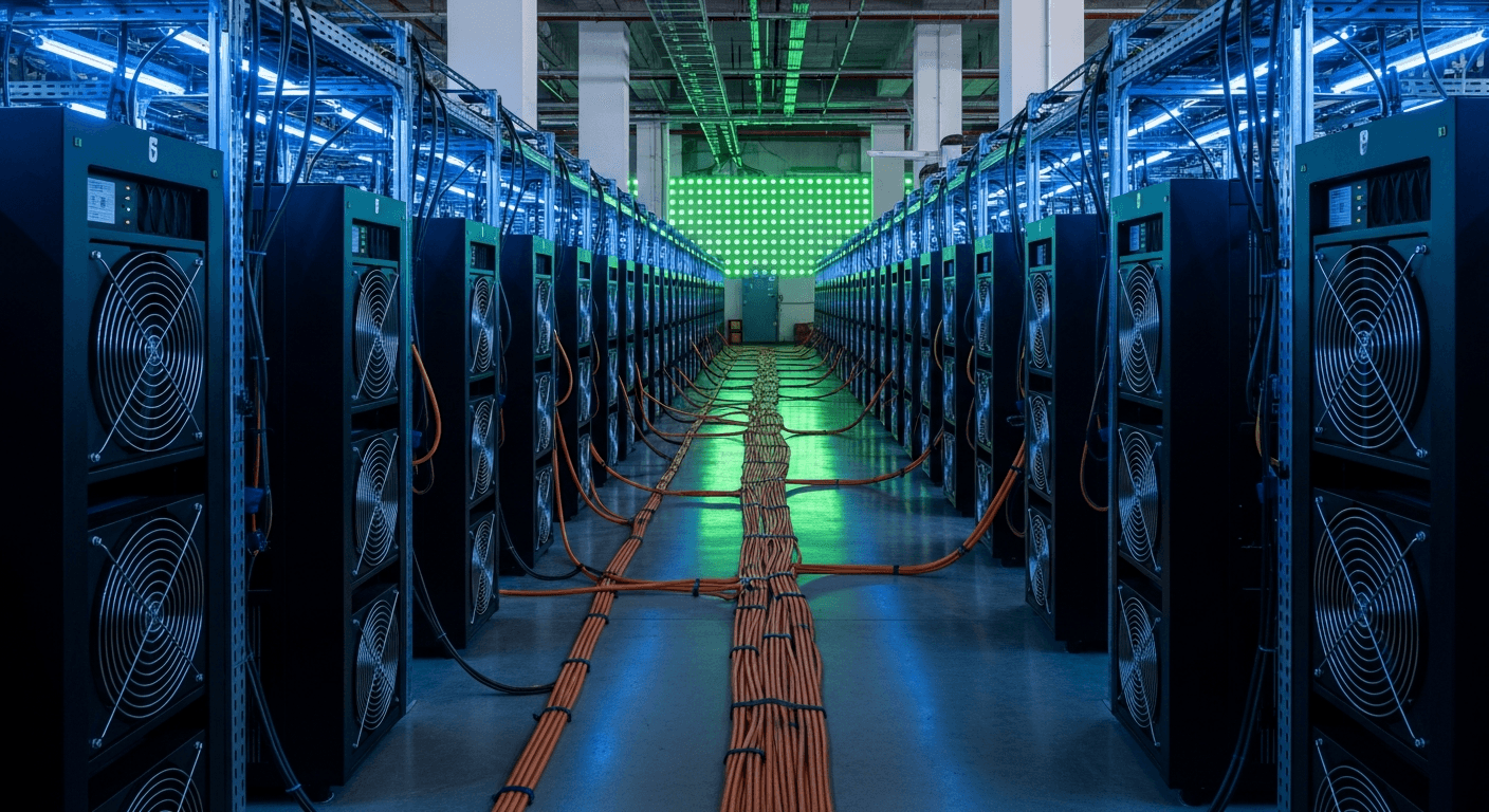 A floor-level wide shot of a sprawling industrial Bitcoin mining facility captures rows of black ASIC mining rigs humming under cold blue LED lighting, their ventilation fans blurring into