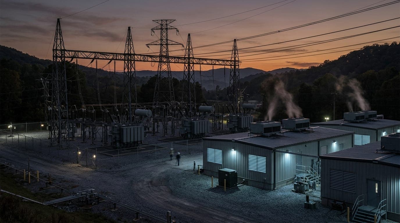A vast industrial power substation at dusk in a rural Appalachian setting, its towering steel transmission towers and heavy-gauge copper cables silhouetted against a bruised orange sky