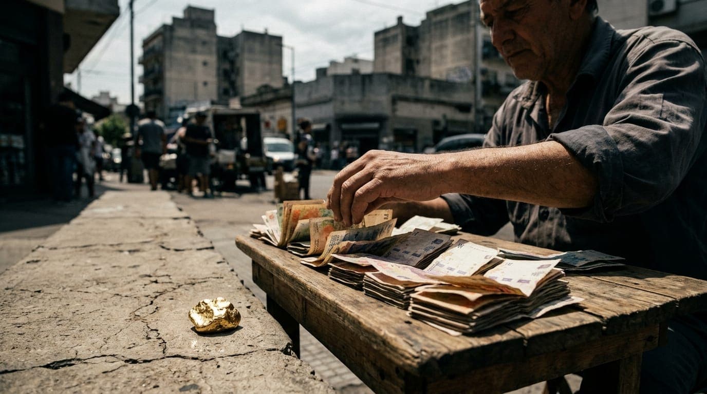 A weathered Argentine street vendor arranges fanned stacks of worn peso banknotes on a worn wooden table beneath harsh midday sun, while a small piece of gold-colored metal glints beside