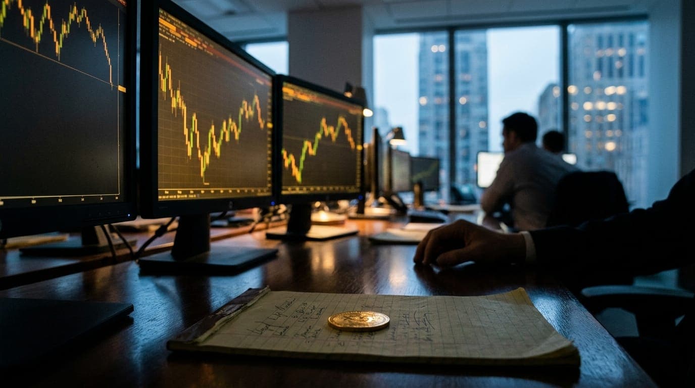A row of sleek black trading terminals glows with amber and green candlestick charts on a polished mahogany desk, bathed in the cool blue light of a pre-dawn Manhattan office tower, with a