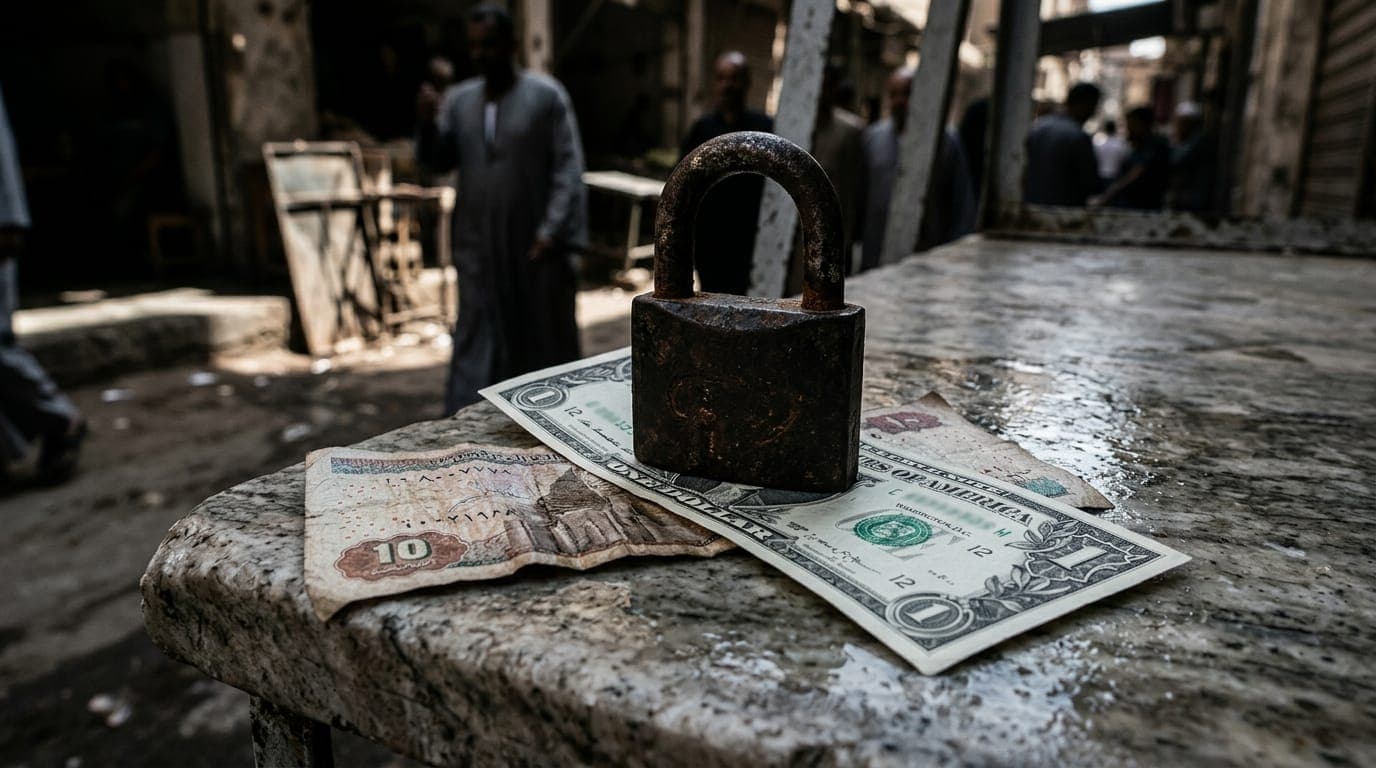 A weathered Egyptian pound note rests half-submerged beneath a crisp US dollar bill on a wet marble surface, shot under harsh midday desert light casting sharp shadows, with a rusted iron