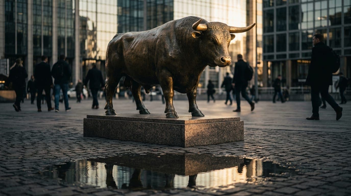 A weathered brass bull sculpture catches late-afternoon golden light on a polished granite pedestal, its surface reflected in a shallow puddle on the surrounding plaza stones, with blurred