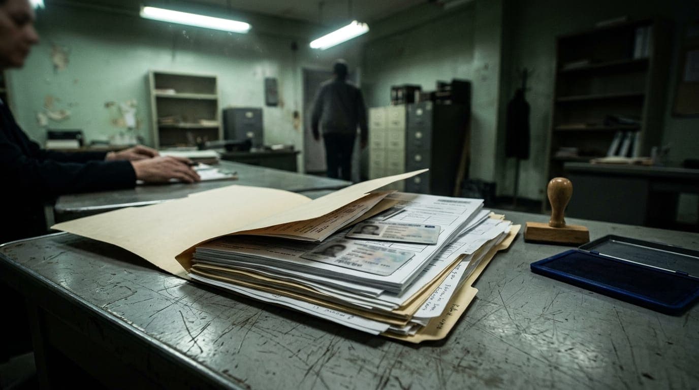 A thick manila folder stuffed with photocopied identity documents and printed transaction records sits open on a scratched metal government desk under harsh fluorescent light, a rubber stamp