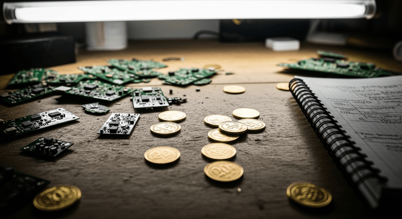 A close-up of a worn wooden table strewn with printed circuit board fragments and scattered gold-colored metal coins under harsh fluorescent light, with an open spiral notebook filled with