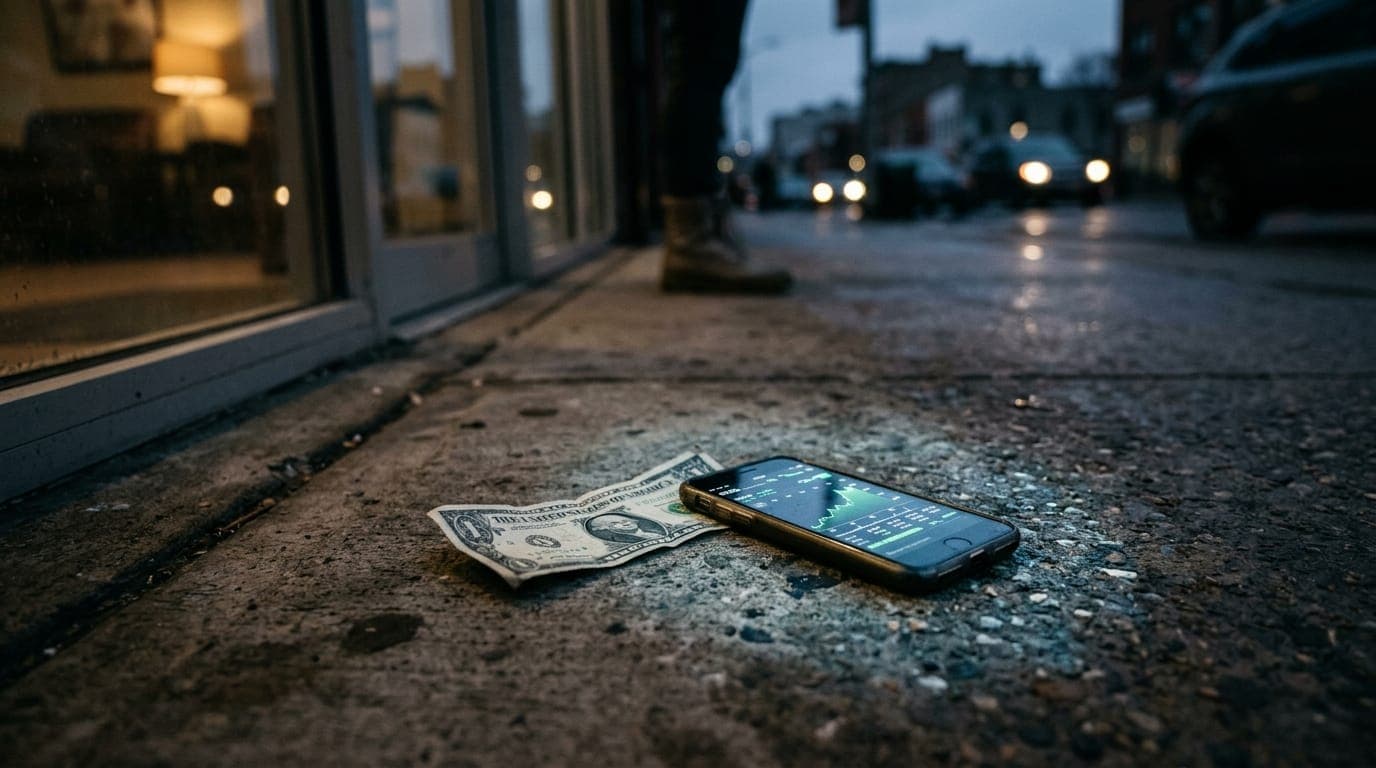 A crumpled paper dollar bill lies discarded on a concrete sidewalk beside a glowing smartphone screen displaying a stock chart in sharp green upward trend, the scene lit by cold blue-white f