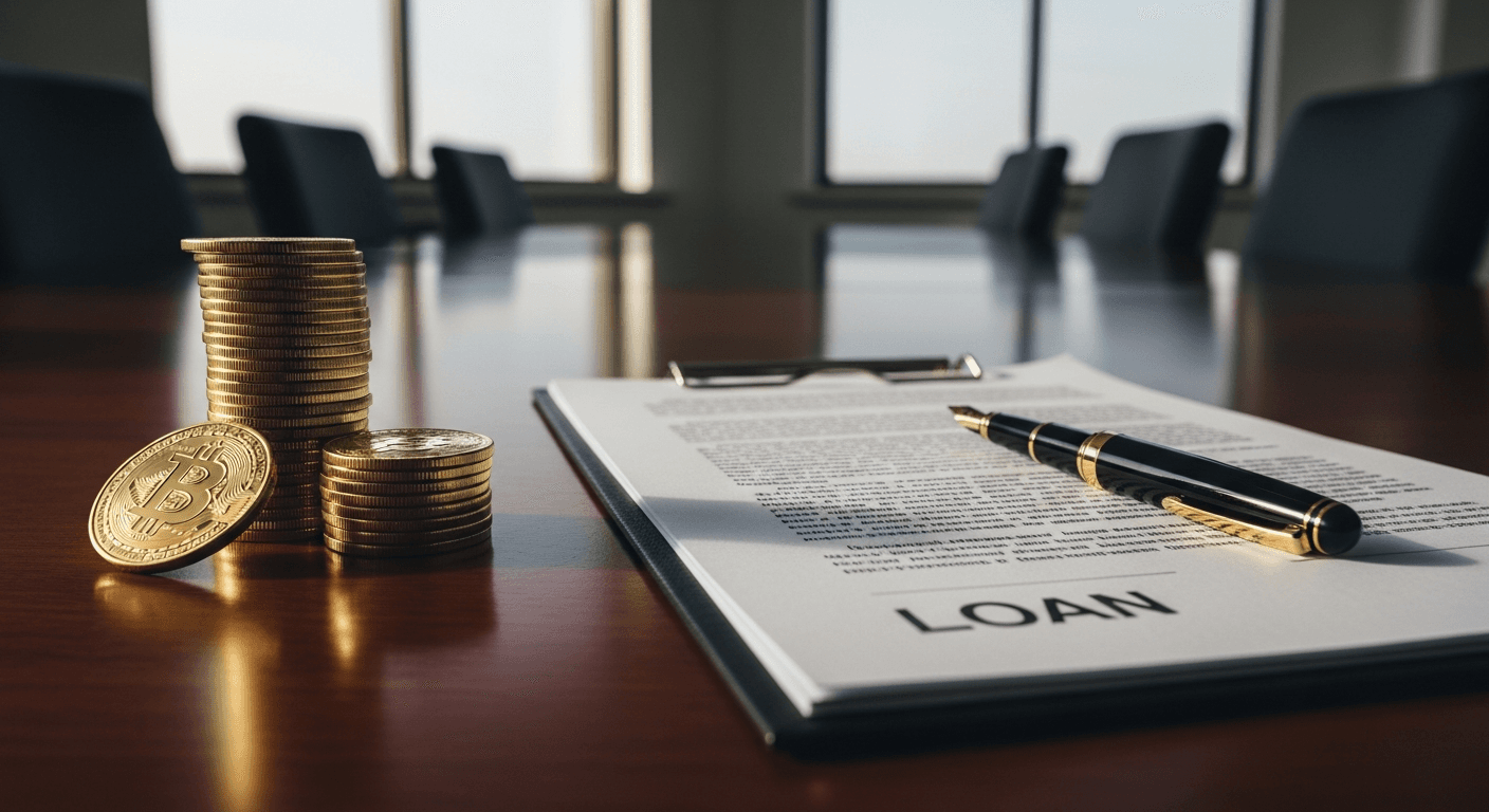 A stack of physical gold-colored bitcoin coins rests on a polished mahogany boardroom table beside a neatly bound loan document and a black fountain pen, bathed in cool morning light