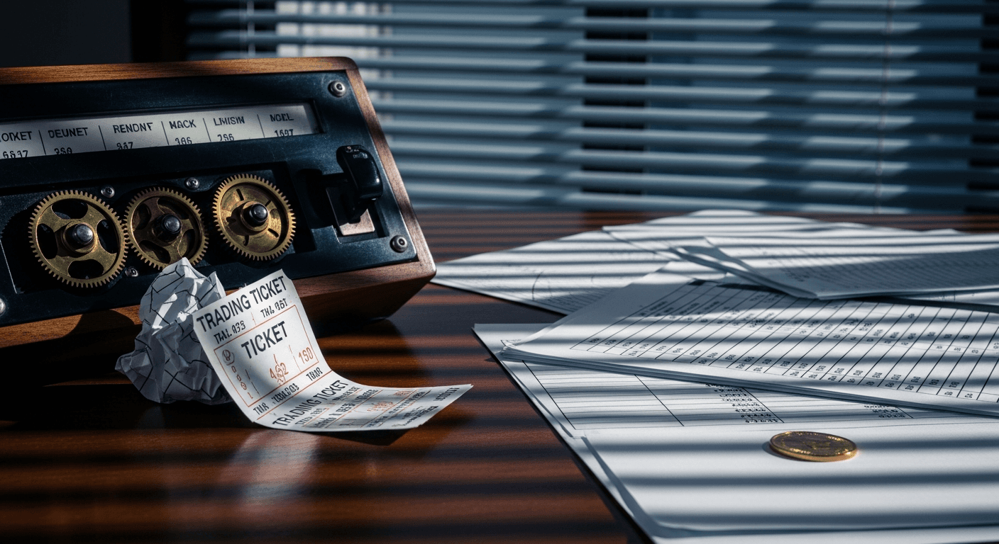 A crumpled paper trading ticket lies abandoned on a polished mahogany desk beside a dormant analog ticker machine, its brass gears still, while cold blue morning light filters through