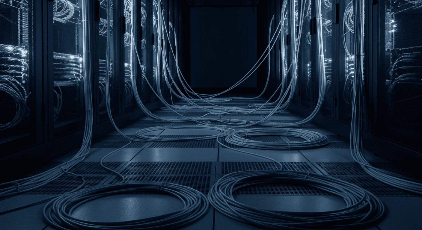 A tangle of illuminated fiber-optic cables spills across a dark server room floor, their glowing strands stretching taut in some directions and pooling in slack coils in others, lit by the