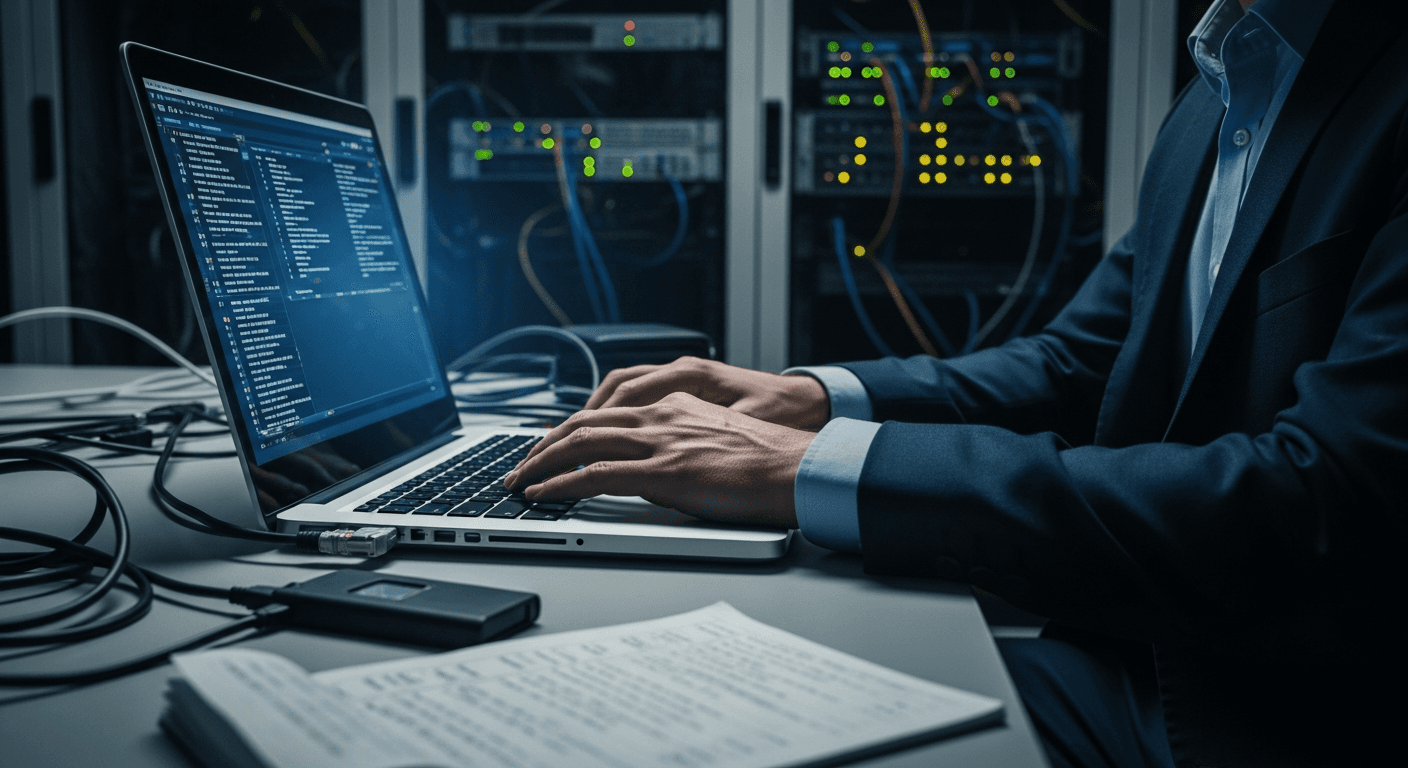 A security researcher's hands hover over an open laptop in a dim server room, the screen's cold blue glow illuminating rows of blinking rack-mounted hardware behind them, a tangle of