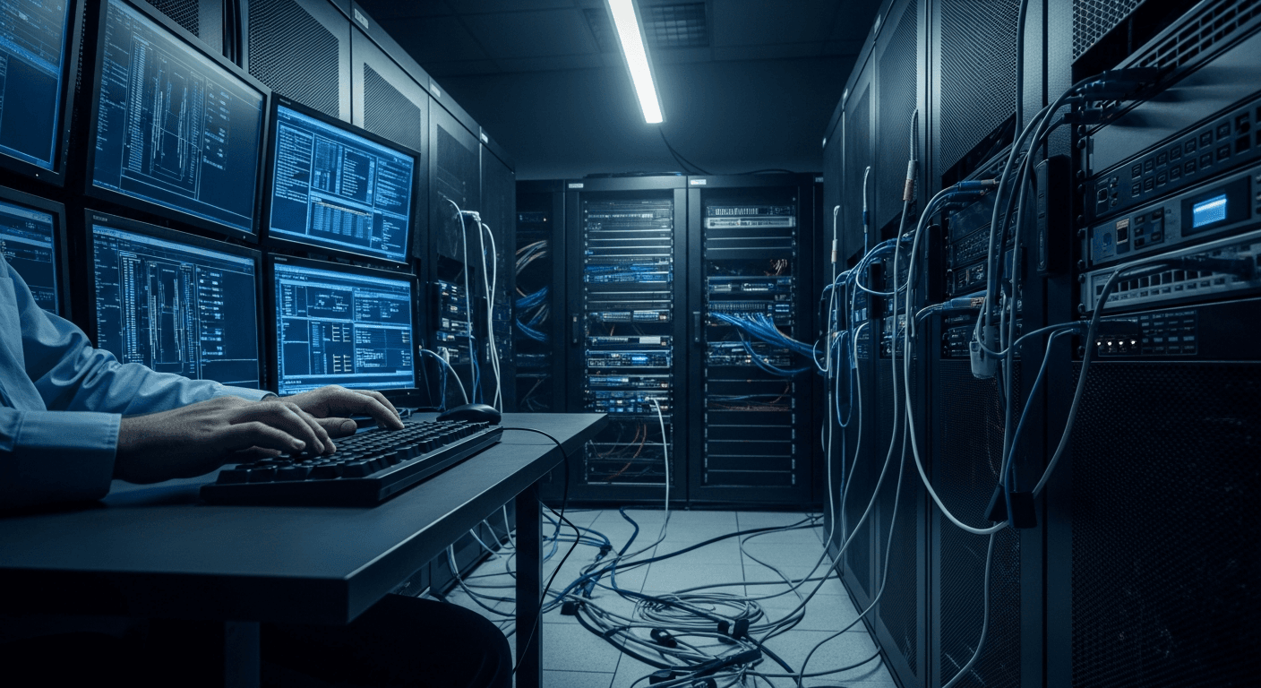 A security researcher's hands hover over a mechanical keyboard in a dim server room, the blue glow of multiple terminal screens reflecting off rows of humming black rack-mounted servers