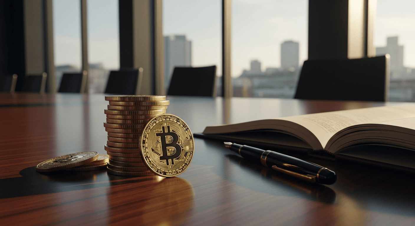 A stack of gleaming gold-toned Bitcoin coins rests on a polished mahogany boardroom table beside a fountain pen and an open leather-bound ledger, bathed in the warm, raking light of