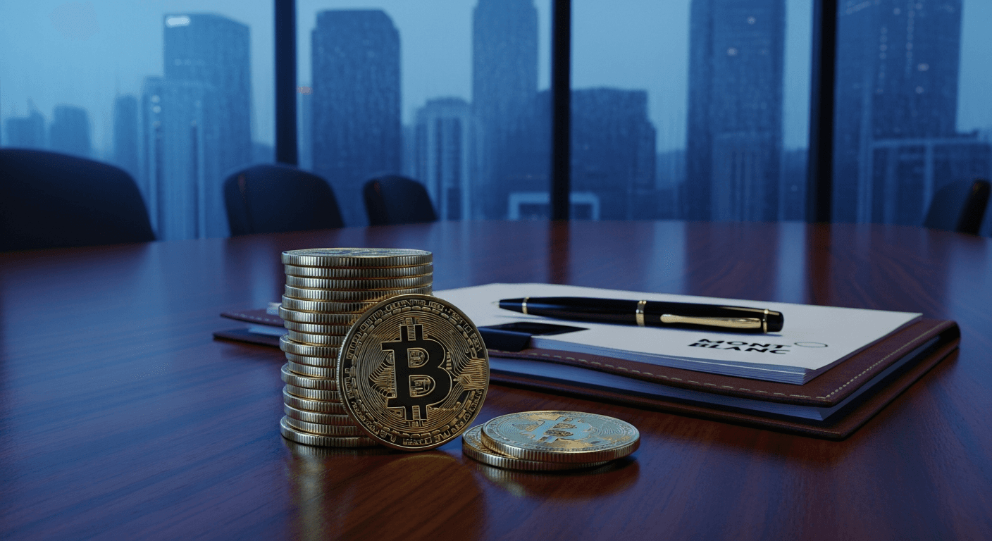 A gleaming stack of physical gold-colored bitcoin coins sits atop a mahogany boardroom table beside a leather-bound ledger and a Mont Blanc pen, bathed in the cool blue light of a