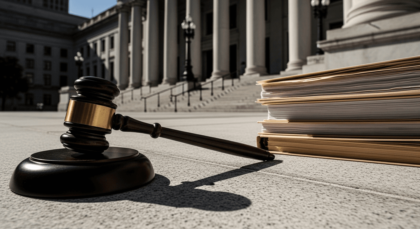 A weathered bronze gavel rests on a marble courthouse step in harsh midday sun, its shadow stretching across the stone toward a stack of manila legal folders, with the neoclassical columns