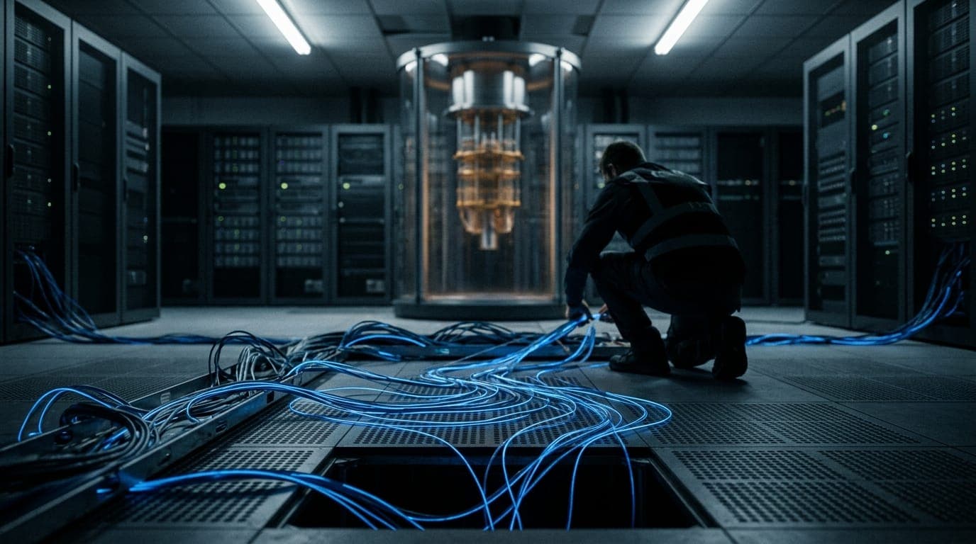 A tangle of fiber-optic cables glowing electric blue snakes across a dark server room floor, illuminated by the cold overhead fluorescence of a data center, while in the soft background a