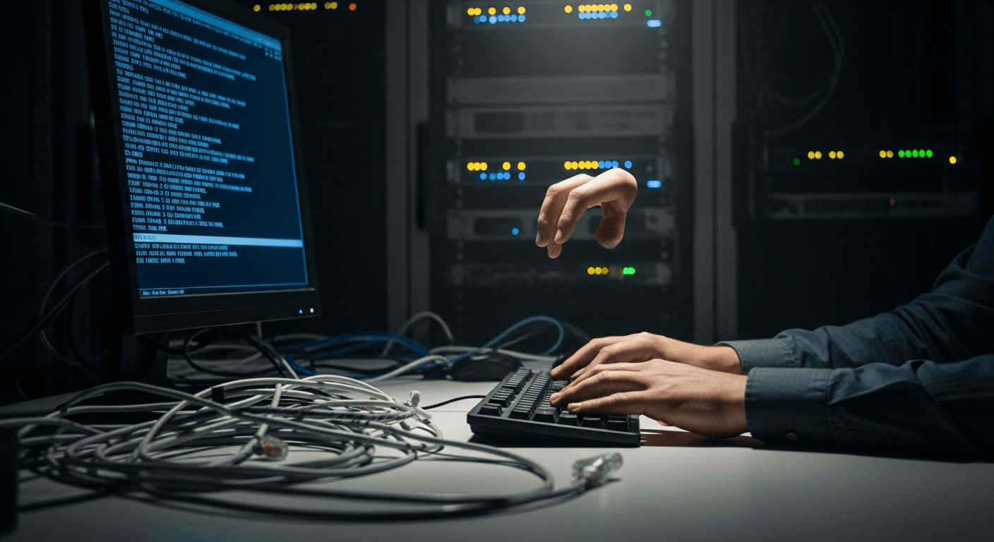 A software developer's hands hover motionless over a mechanical keyboard in a dimly lit server room, a terminal screen casting cold blue light across rows of blinking rack-mounted hardware