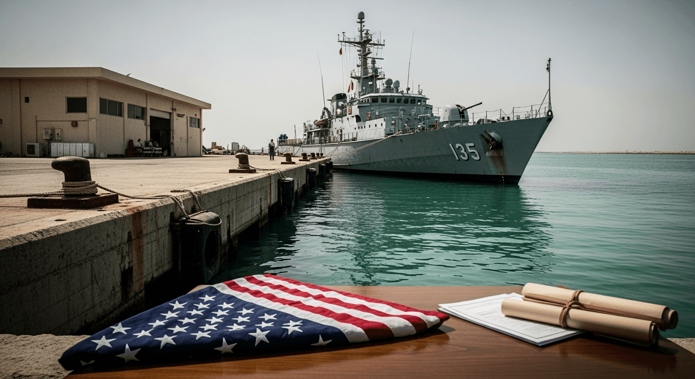 A sun-bleached concrete pier stretches into the turquoise Gulf of Aden at low tide, where a weathered military patrol vessel sits moored alongside rusted iron bollards, its gray hull