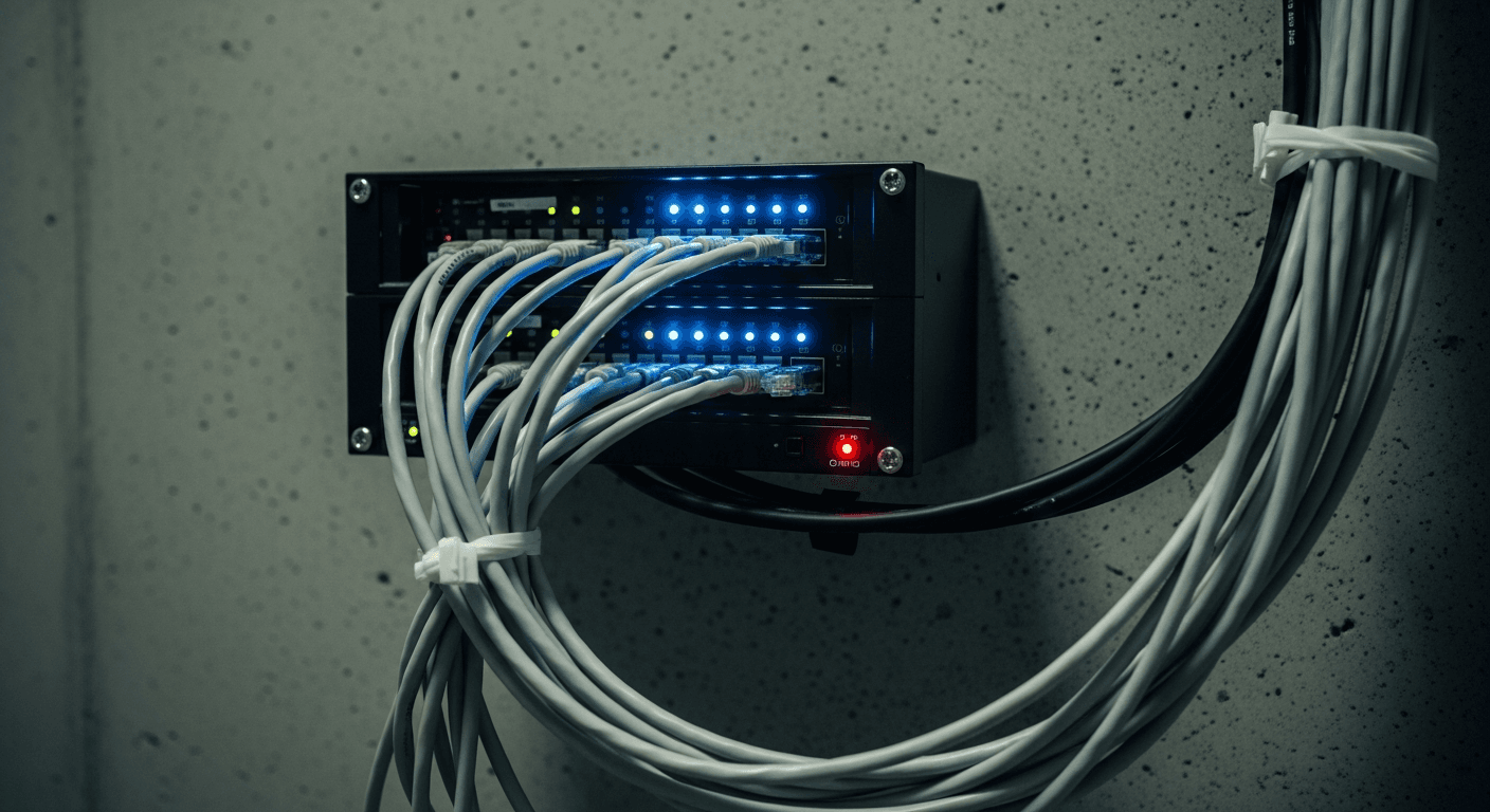 A close-up of tangled ethernet cables plugged into a compact black server rack mounted on a raw concrete wall, bathed in the cold blue glow of blinking indicator lights, with a single red