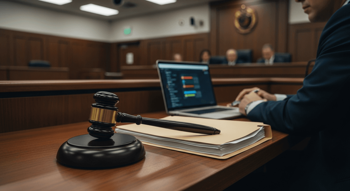 A gavel rests on a polished mahogany courtroom bench beside a thick manila folder of documents, bathed in the cold overhead fluorescent light of an empty hearing room, while a laptop