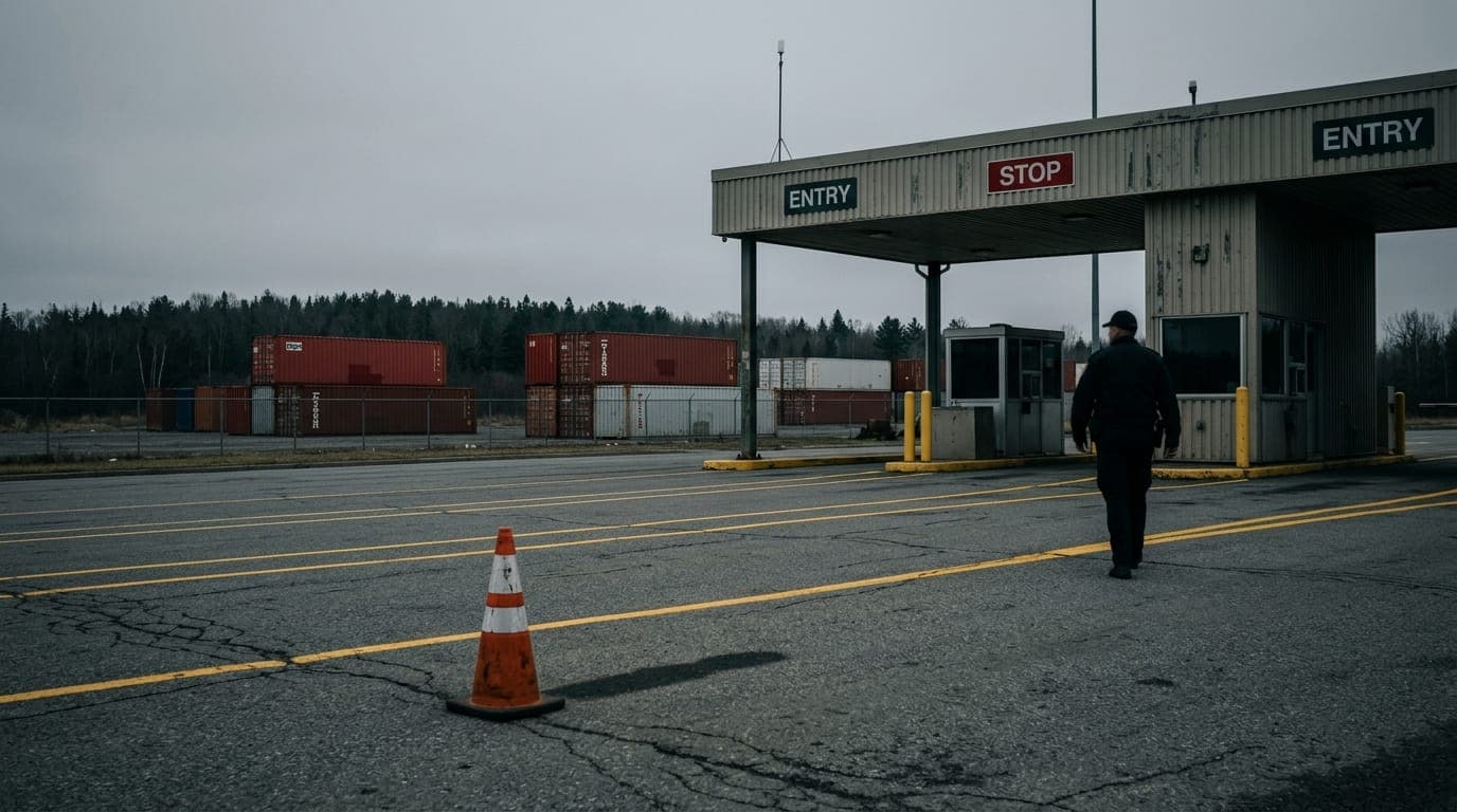 A weathered Canadian border crossing checkpoint sits idle under flat grey overcast light, its yellow painted lane dividers stretching toward a distant treeline, with stacks of shipping