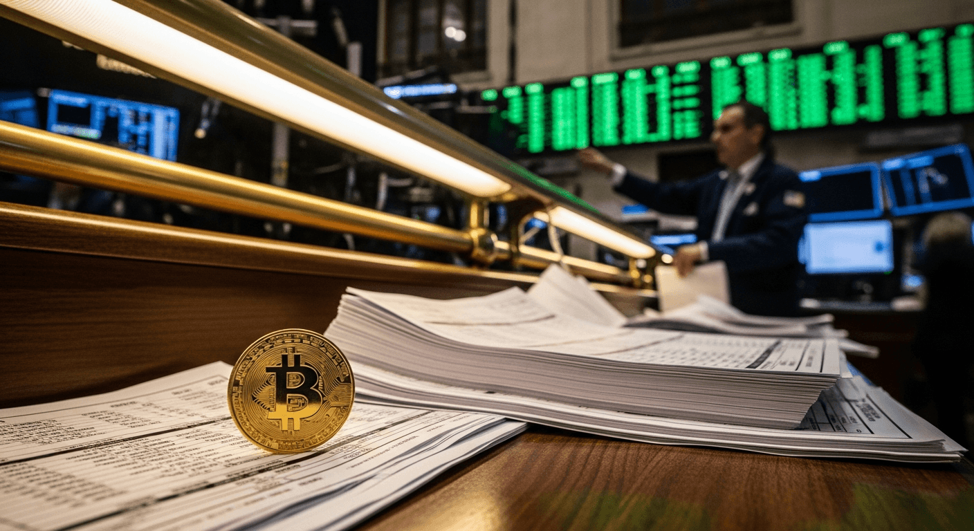 A floor trader on a bustling European stock exchange gestures toward glowing green ticker screens, warm fluorescent light catching the polished brass railing and stacks of printed trade