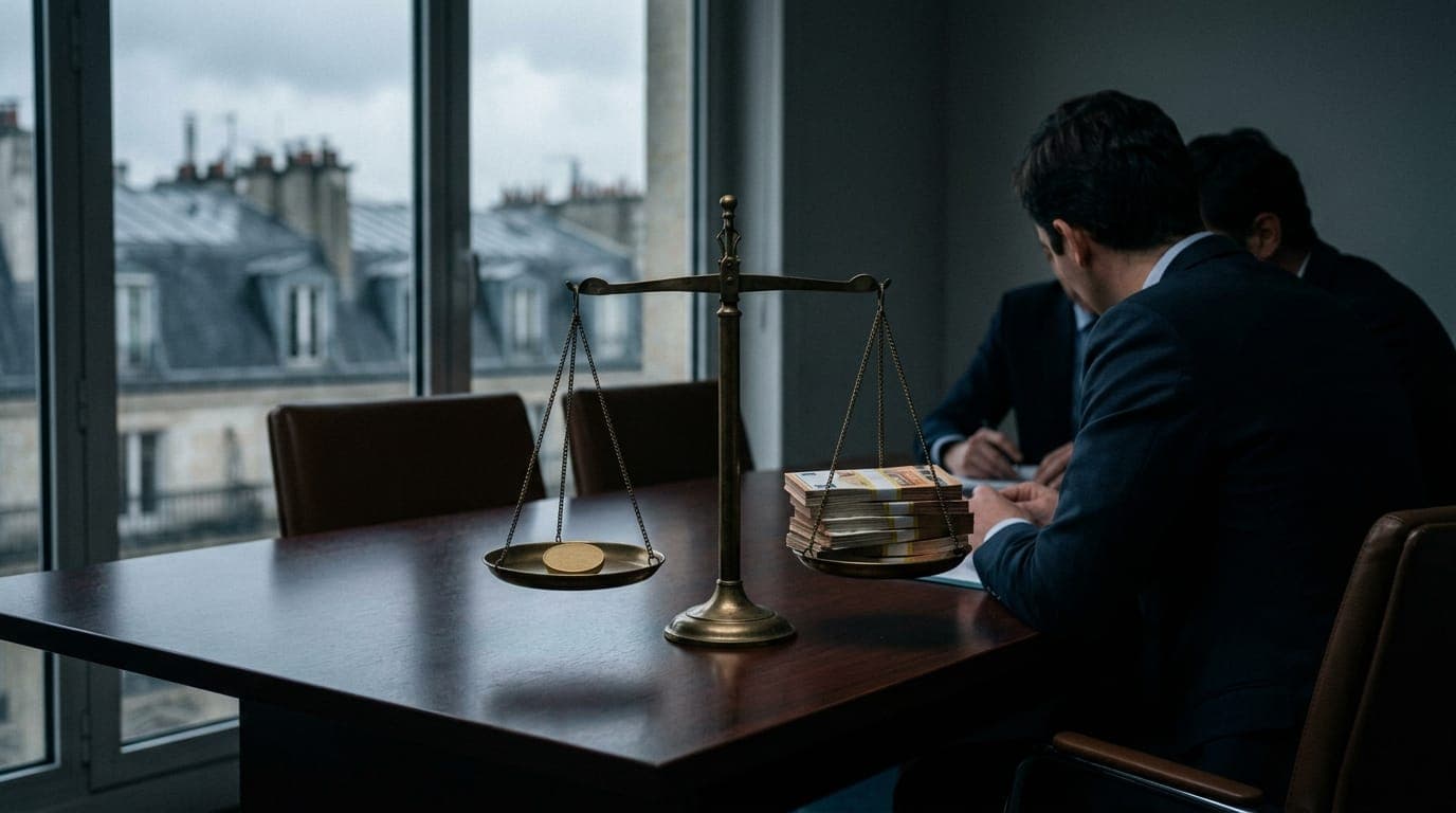 A weathered brass scale sits centered on a dark mahogany boardroom table, one tray holding a single matte gold coin and the other stacked with neatly bundled euro banknotes, bathed in the