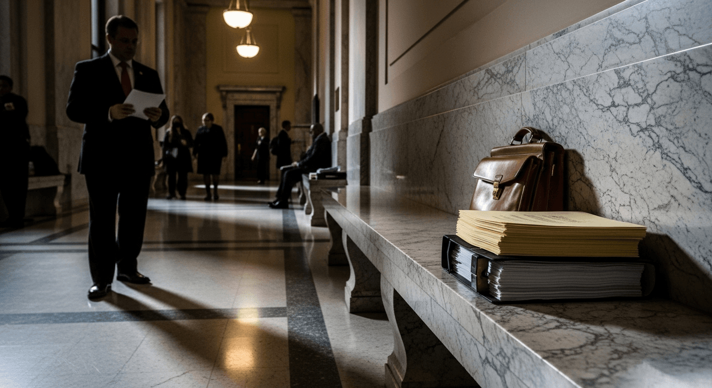 A federal courthouse's marble hallway bathed in cold fluorescent light, with a lone leather briefcase and a thick stack of official documents resting on a polished stone bench, casting sharp