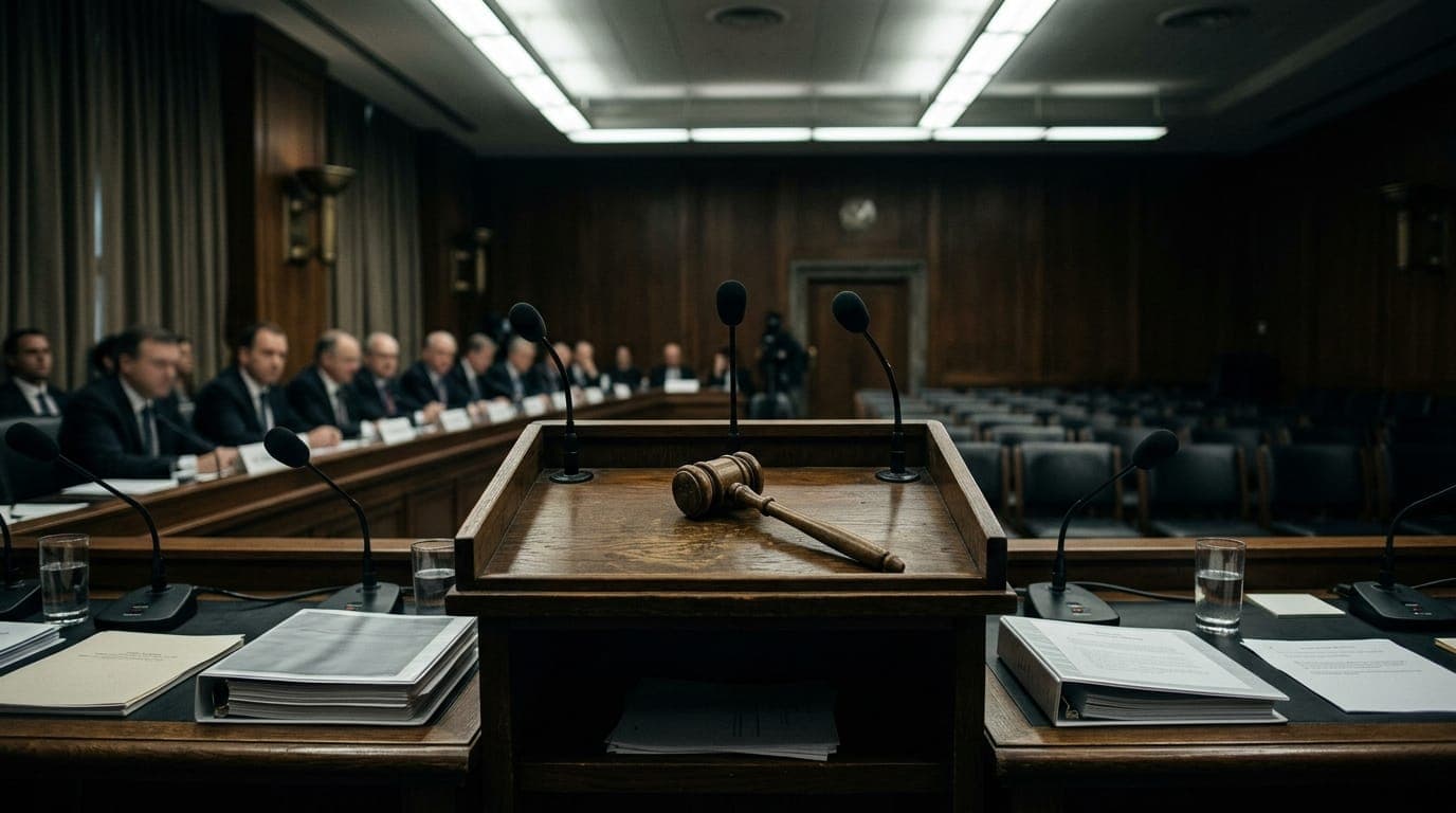 A gaveled wooden podium stands under harsh fluorescent committee-room lighting, surrounded by microphones, stacked briefing binders, and half-filled water glasses on a long mahogany dais