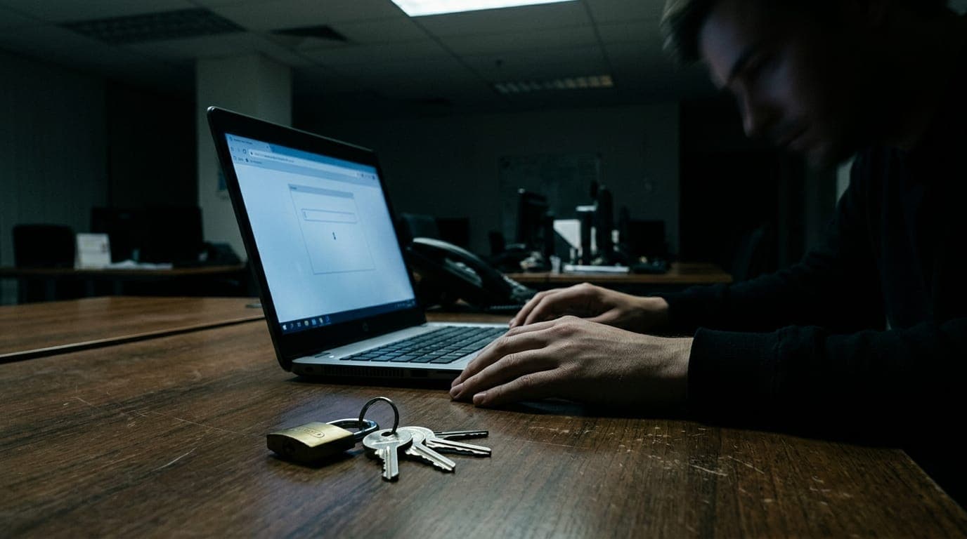 A pair of hands rests idle on a wooden desk beside an open laptop, its screen casting a cold blue glow across the room as the cursor blinks autonomously inside a browser window, the