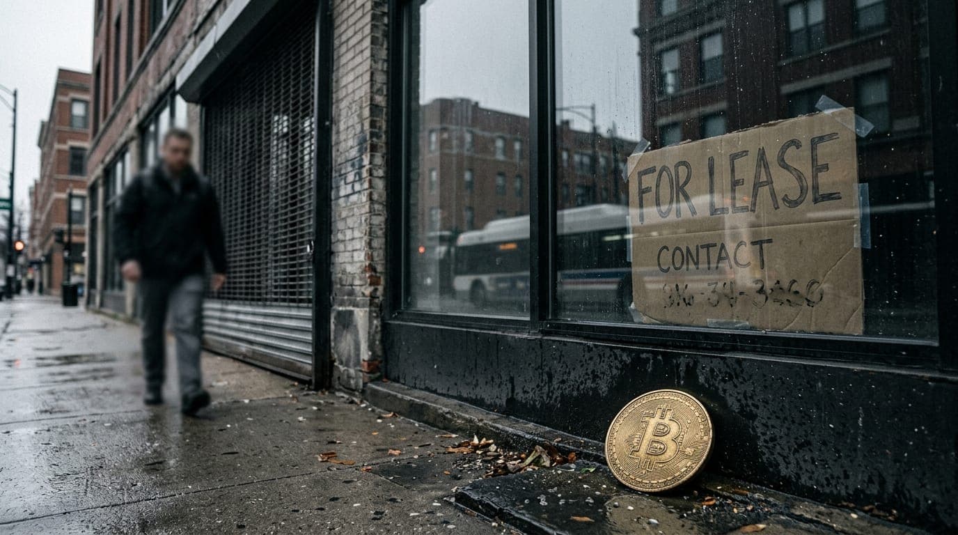 A shuttered storefront on a rain-slicked Chicago street reflects the gray midday sky in its darkened plate-glass window, a weathered "For Lease" sign taped inside while a single golden