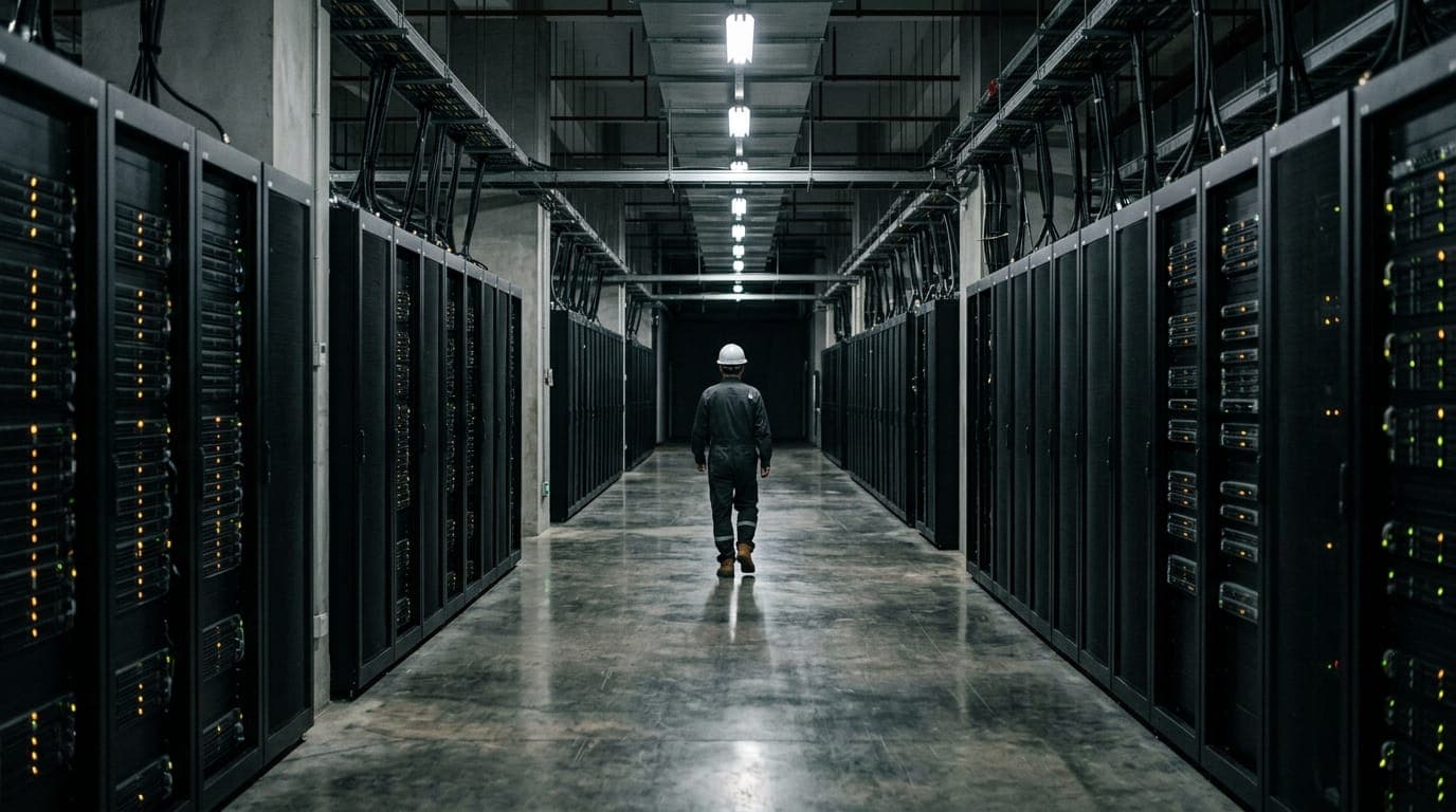 A rows of identical black server racks stretch down a vast, fluorescent-lit data center corridor in China, their blinking amber and green indicator lights casting faint pulses across