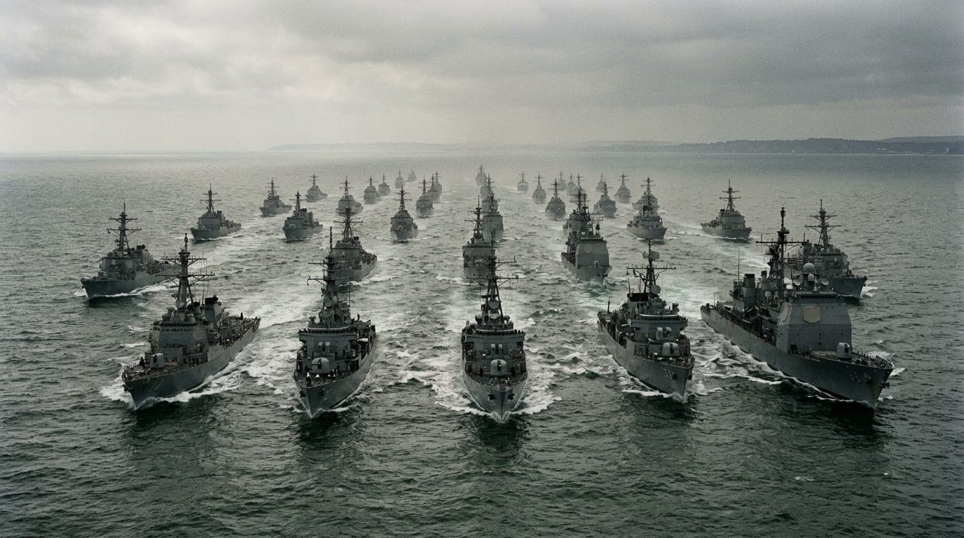 A dense formation of gray naval vessels cuts through choppy gray-green waters in overcast morning light, their wakes churning white against the dark sea, shot from a low aerial angle that